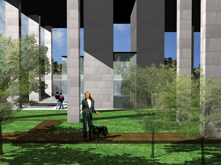 필로티부분의 동측모습-폭포와 투명로비