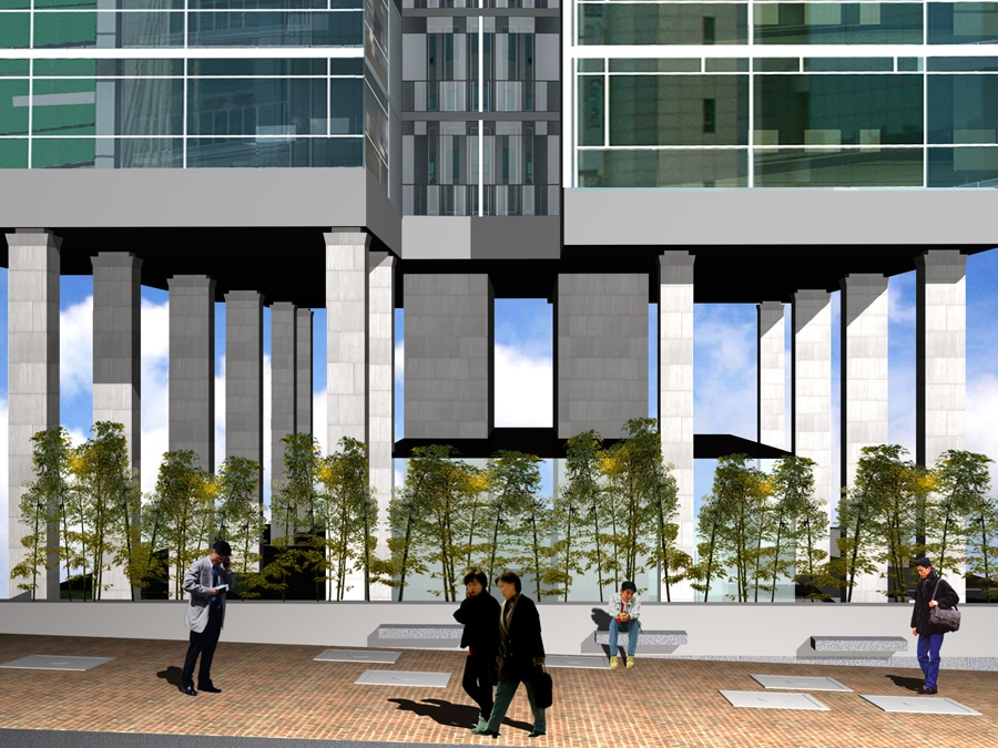 서측도로에서 본 저층부-필로티를 통하여 시선이 터진다.