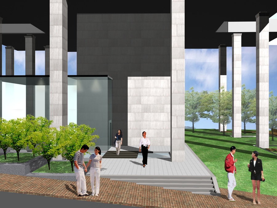 남측도로에서 의 필로티 진입마당